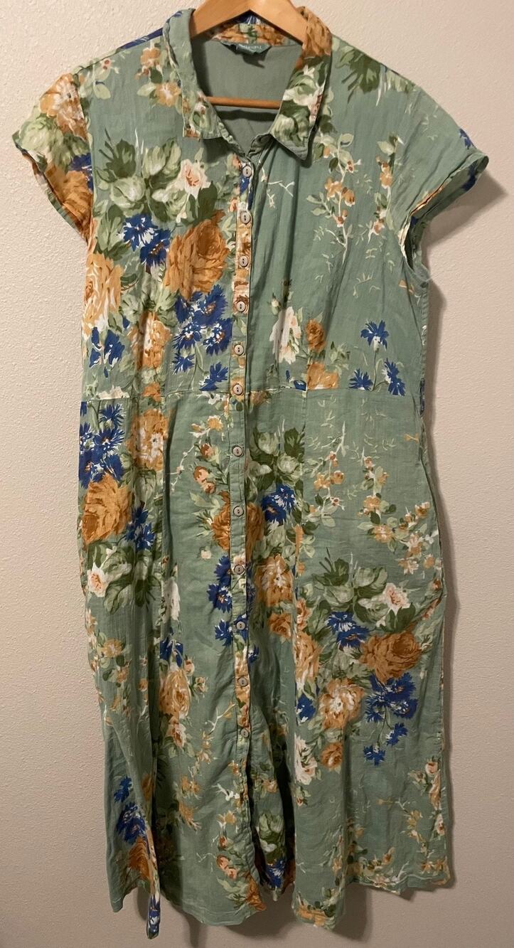 April Cornell Dress Womens XL Green Floral Button Front Maxi Cotton Pockets Boho